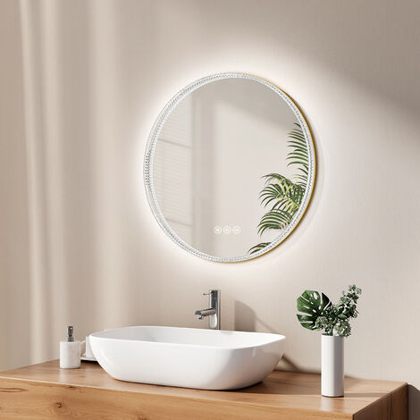 EMKE Specchio da bagno bordo acrilico, Diametro 60 cm, Interruttore touch Antiappannamento dimmerabile, Luce variabile dimmerabile, Dorato