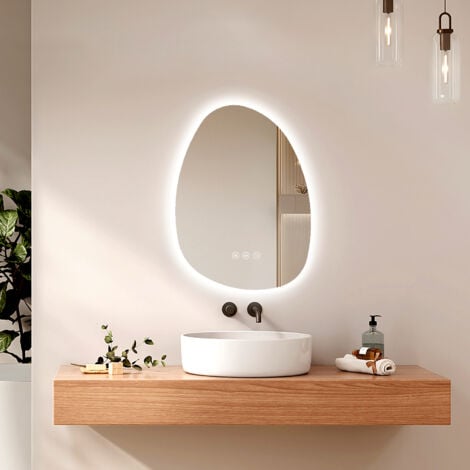 EMKE Specchio da bagno illuminato asimmetrico, specchio da bagno, antiappannamento, interruttore touch, 3 colori di luce dimmerabili, 65 x 45 cm