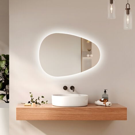 EMKE Specchio da bagno illuminato con retroilluminazione, specchio da bagno asimmetrico, antiappannamento, interruttore touch, 3 colori di luce dimmerabili, 80 x 60 cm