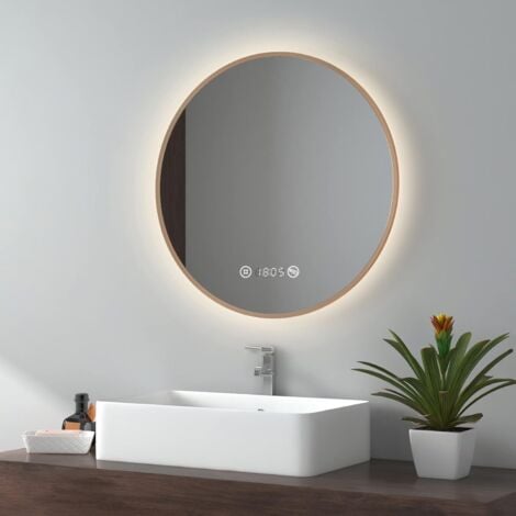 EMKE Specchio da bagno LED con interruttore touch, antiappannamento, orologio, temperatura, dimmerabile, funzione memory, luce neutra, diametro 60 cm cornice in rame
