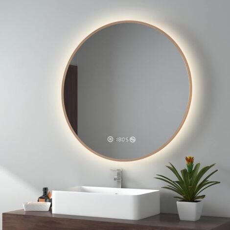 EMKE Specchio da bagno LED con interruttore touch, antiappannamento, orologio, temperatura, dimmerabile, funzione memory, luce neutra, diametro 80 cm cornice in rame
