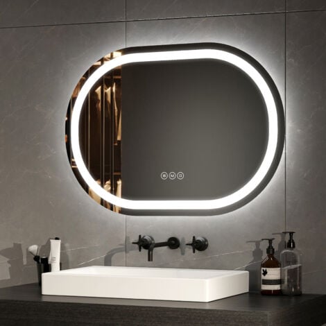 EMKE Specchio da bagno ovale Specchio da bagno illuminato a LED con interruttore tattile/antiappannamento/dimmerabile/3 colori dimmerabili/funzione di memoria, 70x50 cm