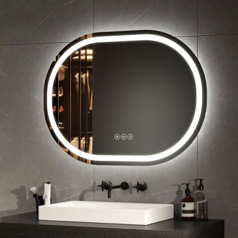 EMKE Specchio da bagno ovale Specchio da bagno illuminato a LED con interruttore tattile/antiappannamento/dimmerabile/3 colori dimmerabili/funzione di memoria, 80x60 cm