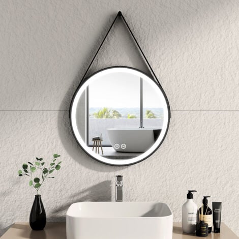 EMKE Specchio da bagno rotondo a LED con cornice nera con cinghia regolabile, interruttore tattile - Diametro 50 cm  Luce  bianca fredda/calda/neutra