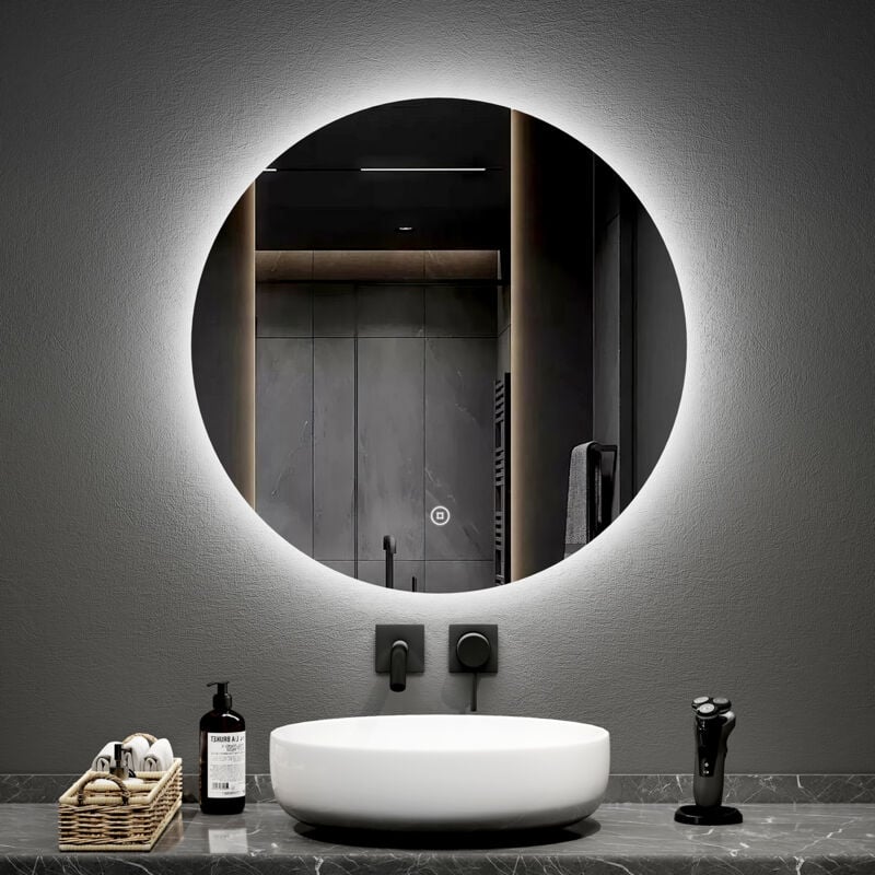 Specchio da bagno rotondo a led con interruttori touch retroilluminati senza cornice - diametro 70 cm Luce bianca - Emke