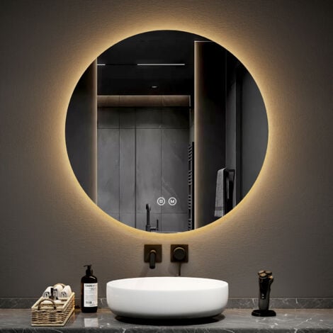 EMKE Specchio da bagno rotondo a LED con interruttori touch retroilluminati senza cornice - diametro 80 cm  Luce bianca fredda/calda/neutra