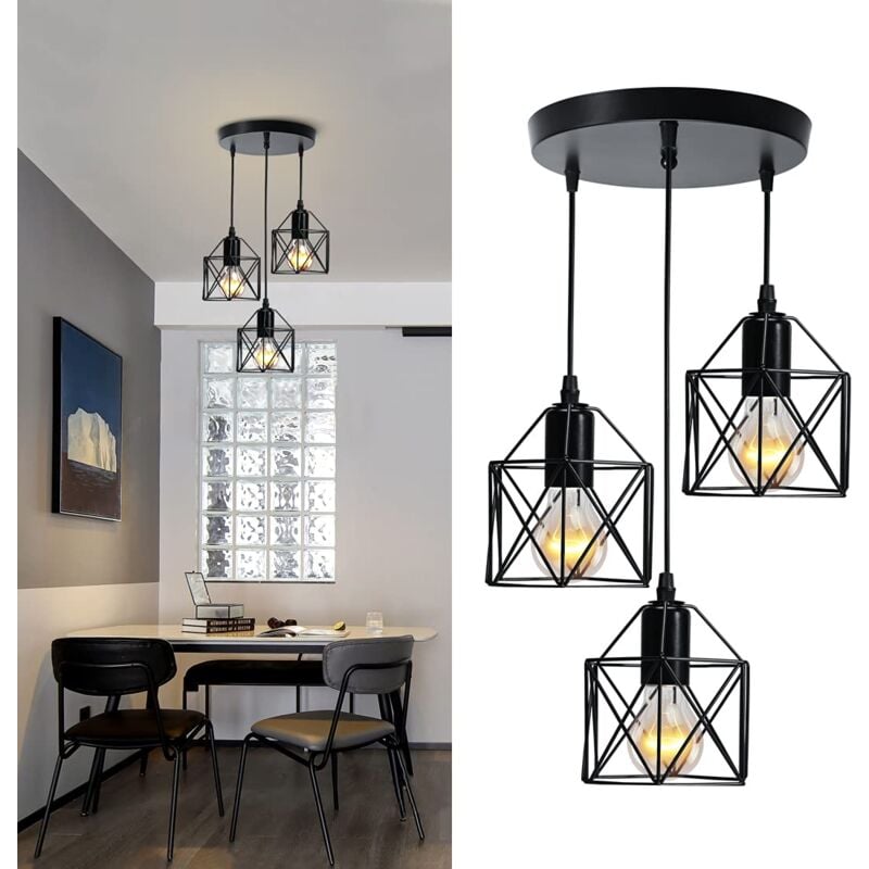 Emke - Suspension Lustre à 3 Flammes Suspension Vintage Suspension Rétro Lustre de Plafond, Abat-Jour Noir pour E27, Salon Café (1 Set)