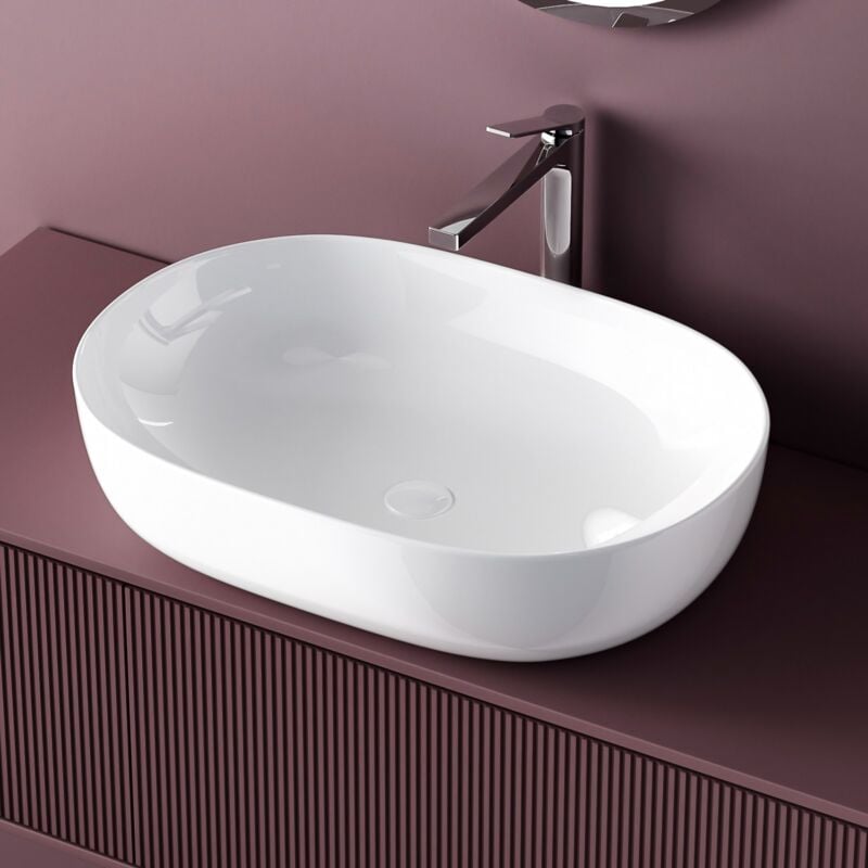 Vasque à poser, 600 x 415 x 135 mm, Lavabo salle de bain rectangle arrondi en céramique, Conception à coins arrondis, Blanc - Emke