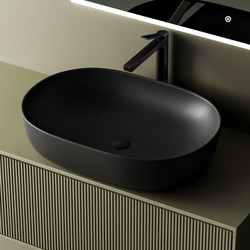Vasque à poser, 600 x 415 x 135 mm, Lavabo salle de bain rectangle arrondi en céramique, Conception à coins arrondis, Noir mat - Emke