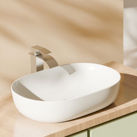 Emke – Vasque à poser céramique 600 x 415 x 135 mm – Forme rectangle arrondi – Bords incurvés – Drainage efficace – Facile à nettoyer