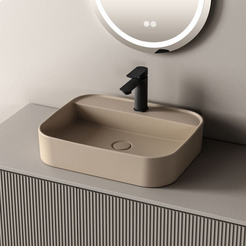 Vasque à Poser en céramique, Lavabo rectangulaire en céramique Arc, Beige mat - 500 x 400 x 110 mm - Emke
