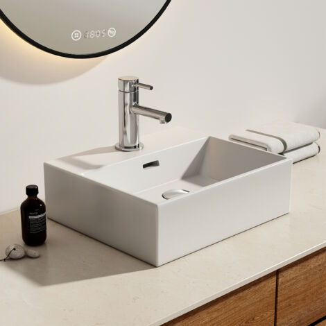 Emke – Vasque à poser en céramique rectangulaire 41,5 x 36 x 13 cm – Surface lisse pour nettoyage facile – Trou de débordement intégré – Blanc brillant