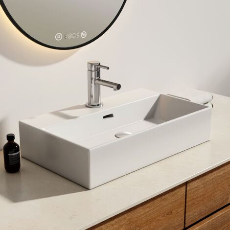 Emke – Vasque à poser en céramique blanc brillant 60 x 36 x 13 cm – Lavabo rectangulaire avec trou de débordement – Surface lisse facile à nettoyer