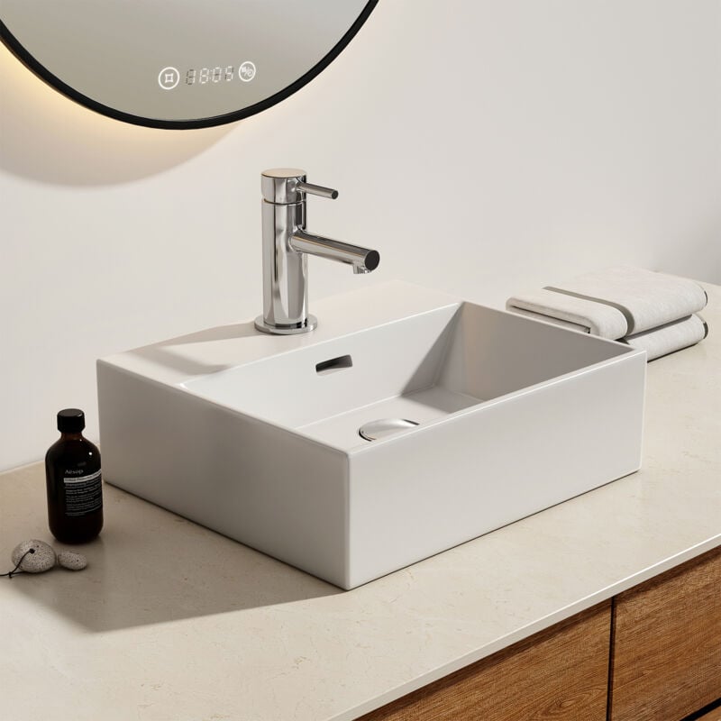 Emke - Vasque à Poser en céramique, Lavabo rectangulaire en céramique avec Trou de débordement, blanc brillant - 41,5 x 36 x 13 cm