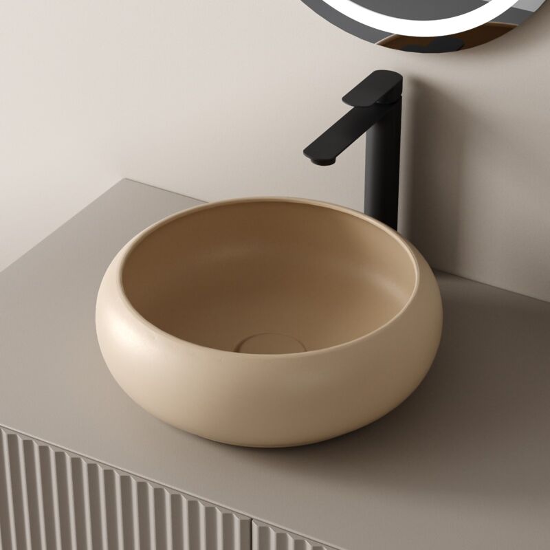 Vasque à Poser en céramique, Lavabo Ronde en céramique 360 x 360 x 120mm, Lavabo Ronde Montage Comptoir, Beige mat - Emke