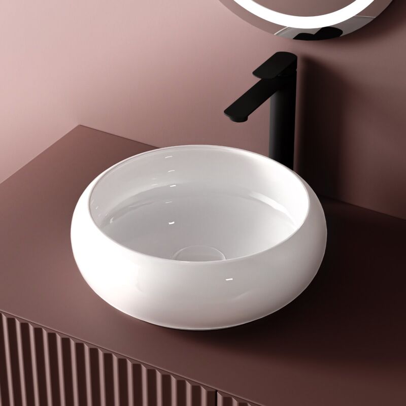 Vasque à Poser en céramique, Lavabo Ronde en céramique 360 x 360 x 120mm, Lavabo Ronde Montage Comptoir, Blanc brillant - Emke