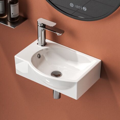 EMKE Vasque à poser, Lavabo salle de bain au mur, 405x280x140mm, Vasque rectangulaire en céramique, Blanc brillant, trou de robinet à gauche
