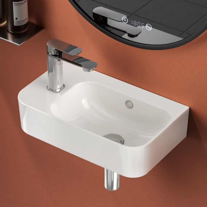 EMKE Vasque à poser, Lavabo salle de bain au mur, 450x265x156mm, Vasque rectangulaire en céramique, Blanc brillant, trou de robinet à gauche
