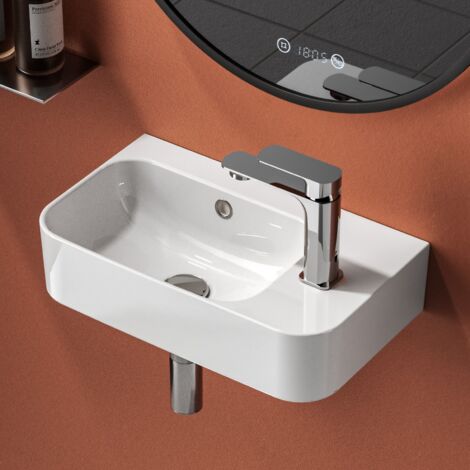 Emke – Vasque à poser rectangulaire en céramique 450x265x156mm – Surface lisse et délicate – Résistante aux rayures et à la corrosion – Trou de robinet à droite