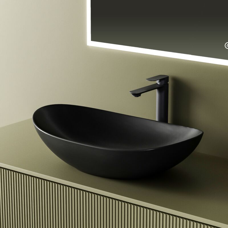 Vasque à Poser Salle de Bain en céramique, Lavabo ovale en céramique, 615 x 360 x 155 mm, Noir mat - Emke
