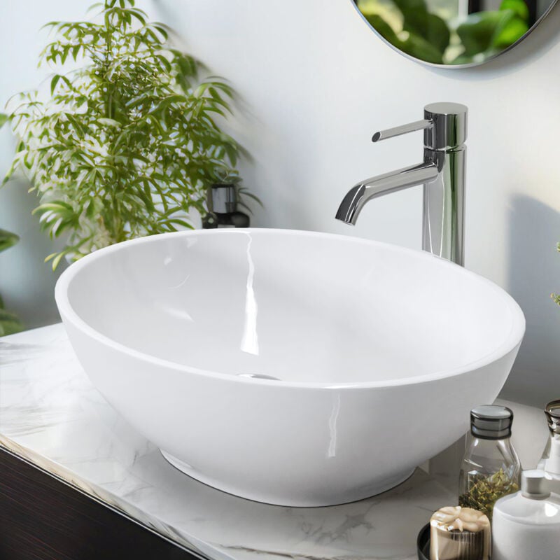 Emke - Vasque à Poser Salle de Bain en céramique, Lavabo ovale en céramique, blanc brillant - 41,5 x 33,5 x 13 cm