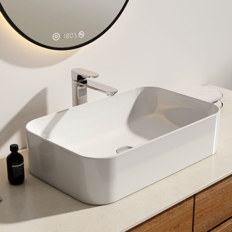 Emke - Vasque à Poser Salle de Bain en céramique, Lavabo rectangulaire en céramique, blanc brillant - 61 x 38 x 15 cm