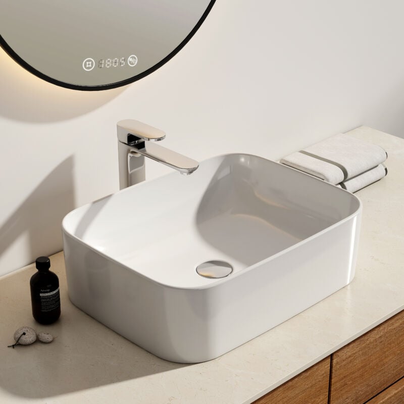 Emke - Vasque à Poser Salle de Bain en céramique, Lavabo rectangulaire en céramique, blanc brillant - 50,5 x 38 x 15 cm