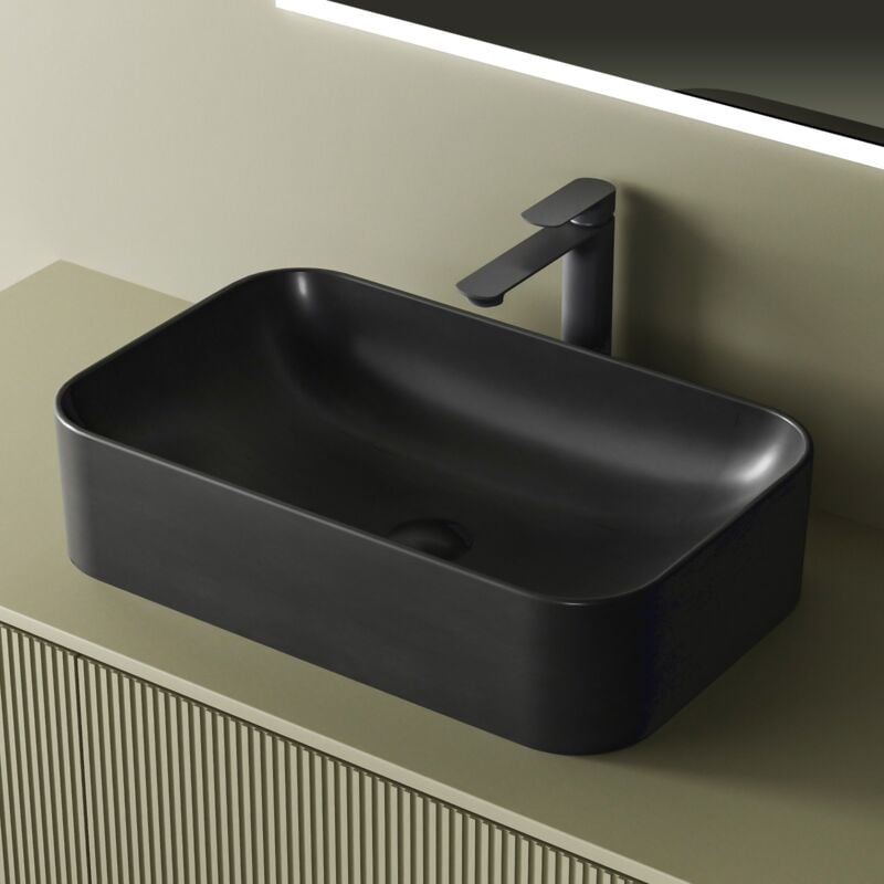 Emke - Vasque à Poser Salle de Bain en céramique, Lavabo rectangulaire en céramique, Gris mat, 610 x 380 x 150 mm