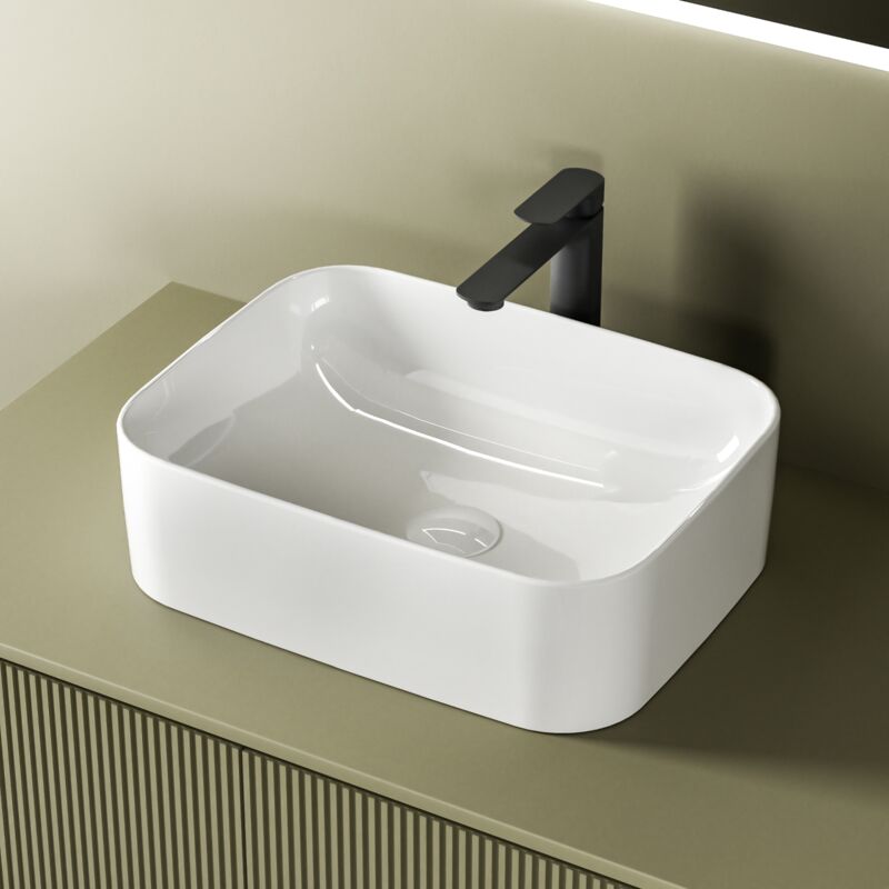 Emke - Vasque à Poser Salle de Bain en céramique, Lavabo rectangulaire en céramique, Blanc mat, 505 x 380 x 150 mm