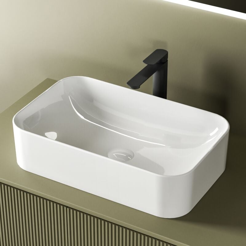 Emke - Vasque à Poser Salle de Bain en céramique, Lavabo rectangulaire en céramique, Blanc mat, 610 x 380 x 150 mm