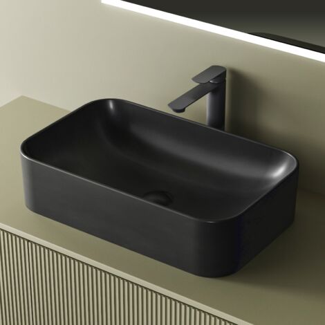 Emke – Vasque à poser en céramique gris mat 610 x 380 x 150 mm – Lavabo rectangulaire – Surface lisse anti-calcaire – Drainage efficace