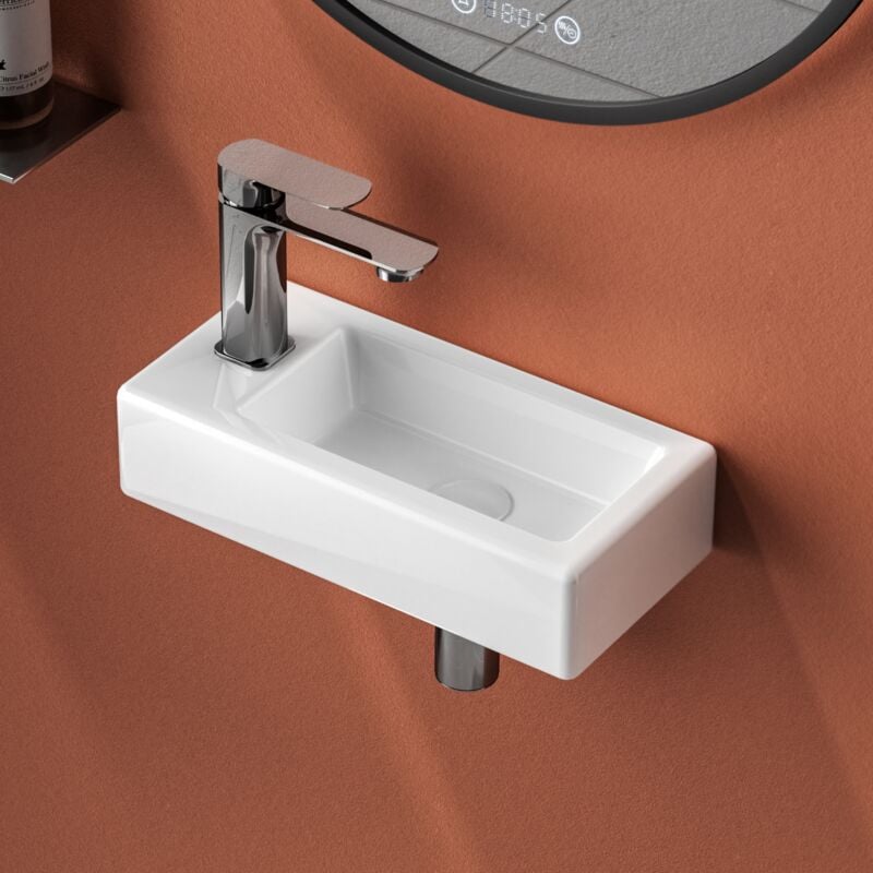 Emke - Vasque suspendue Salle de Bain en céramique, Lavabo suspendu rectangulaire avec trou de robinet à gauche, blanc brillant - 365 x 180 x 90 mm