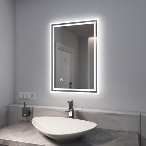EMKE Wall Mounted Shaver Socket LED Bathroom Mirrors with Extra Fuse, Dimmable & Demister, 500x700mm Horizontal / Vertical