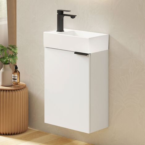 EMKE Waschtischunterschränke mit Keramikbecken Schmaler Waschbeckenunterschrank mit Höhenverstellbarem Regal 41.7 × 24 × 64.6 cm White