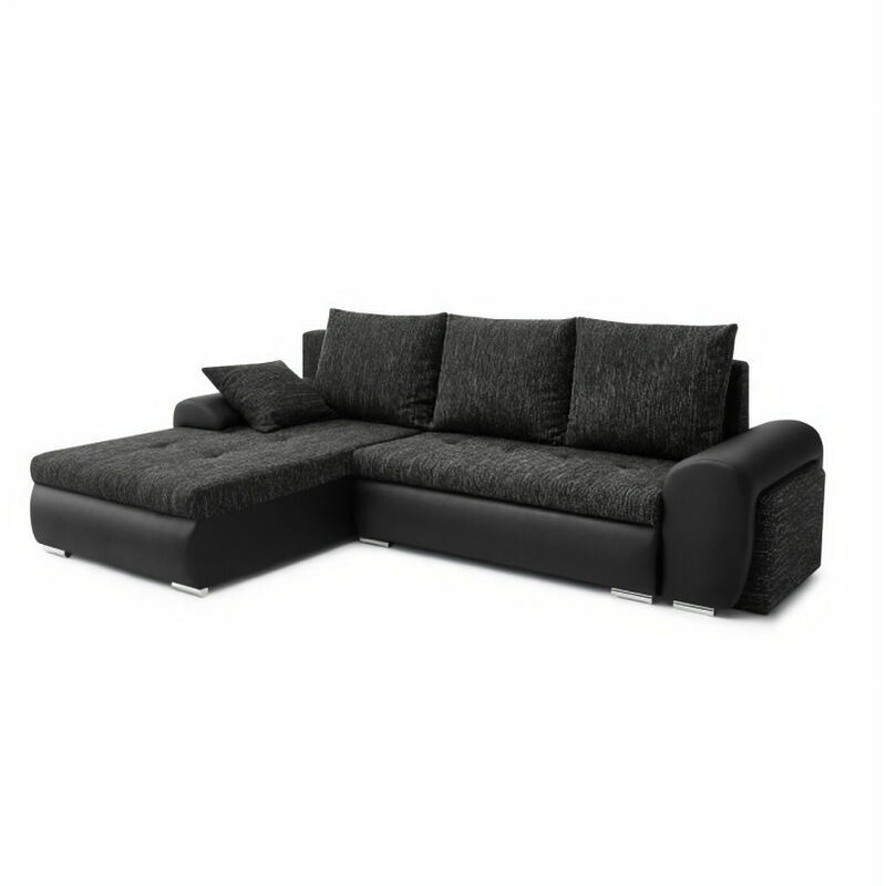 EMMA Canapé d'angle convertible 4 places - Tissu noir - L263 x P184 x H90 cm