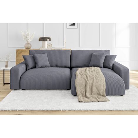 Emma - Ecksofa mit Schlaffunktion und Bettkasten in Grau Cord-Stoff schöner Sitzkomfort