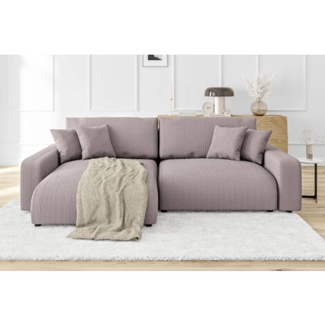 Emma - Ecksofa mit Schlaffunktion und Bettkasten in Puderrosa Cord-Stoff schöner Sitzkomfort