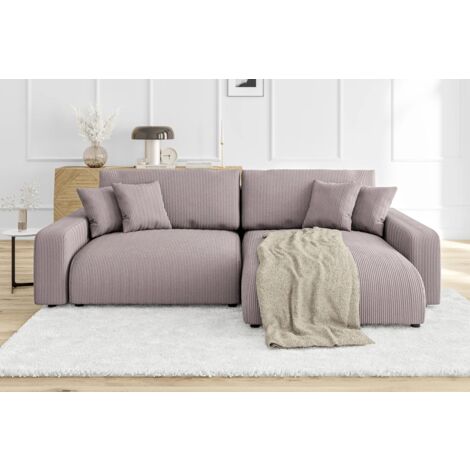 Emma - Ecksofa mit Schlaffunktion und Bettkasten in Puderrosa Cord-Stoff schöner Sitzkomfort