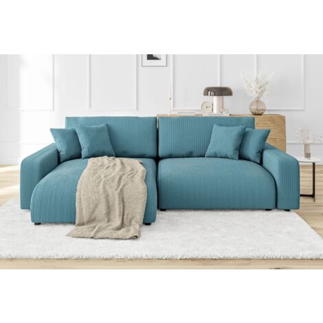 Emma - Ecksofa mit Schlaffunktion und Bettkasten in Türkis Cord-Stoff schöner Sitzkomfort