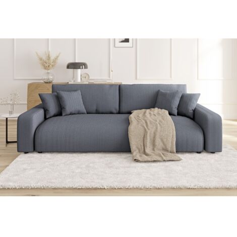 Emma - Sofa mit Schlaffunktion und Bettkasten in Grau Cord-Stoff schöner Sitzkomfort