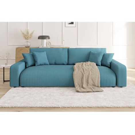 Emma - Sofa mit Schlaffunktion und Bettkasten in Türkis Cord-Stoff schöner Sitzkomfort
