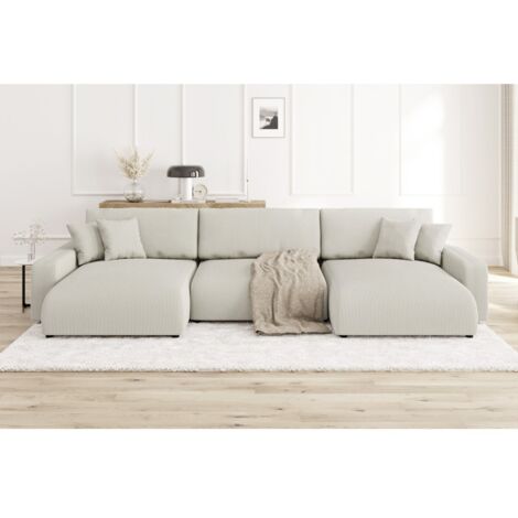 Emma - Wohnlandschaft mit Schlaffunktion und Bettkasten in Beige Cord-Stoff schöner Sitzkomfort