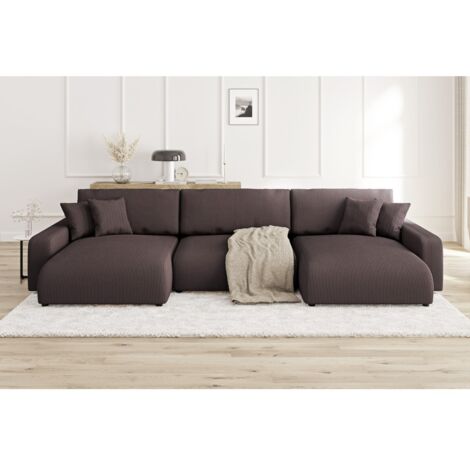Emma - Wohnlandschaft mit Schlaffunktion und Bettkasten in Dunkelbraun Cord-Stoff schöner Sitzkomfort