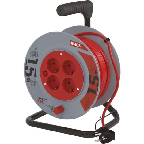EMOS - Avvolgicavo 15 m - 4 prese Schuko - 230 V, 10 A, 2300 W - Isolamento in PVC di alta qualità - H05VV-F3G 1,0 mm2 - Protezione da surriscaldamento, freno a bobina - IP20 per interni