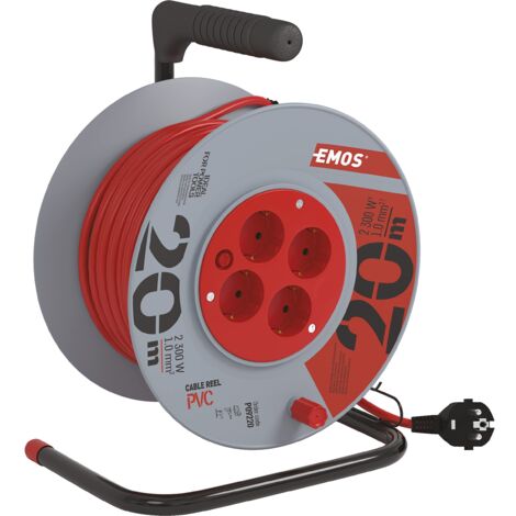 EMOS - Avvolgicavo 20 m - 4 prese Schuko - 230 V, 10 A, 2300 W - isolamento in PVC di alta qualità - H05VV-F3G 1,0 mm2 - protezione contro il surriscaldamento, freno bobina - IP20 per interni