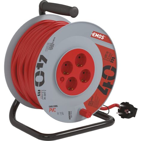 EMOS - Avvolgicavo 40 m con prolunga rinforzata - 4 prese Schuko - 230 V, 16 A, 3680 W - Isolamento in PVC - H05VV-F3G 2,5 mm2 - Protezione contro il surriscaldamento - IP20 per interni, grigio-rosso