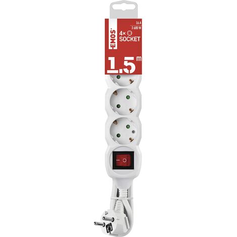 EMOS - Ciabatta elettrica a 4 prese da 1,5 m con interruttore - 4 prese Schuko ruotate 45° - 250 V, 16 A, 3680 W - Isolamento in PVC - H05VV-F3G 1,5 mm2 - Maggiore protezione da contatto - IP20 per