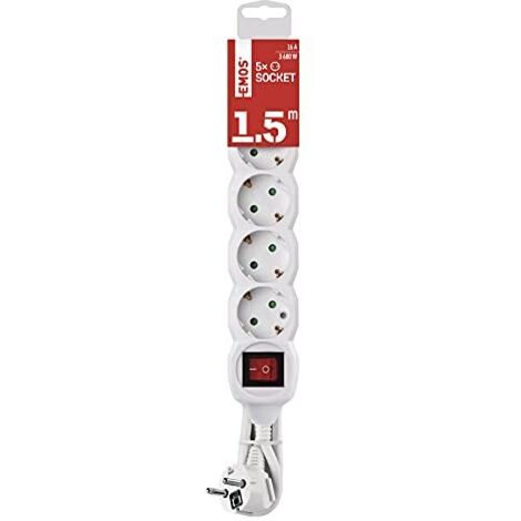EMOS - Ciabatta elettrica a 5 prese da 1,5 m con interruttore - 5 prese Schuko ruotate 45° - 250 V, 16 A, 3680 W - Isolamento in PVC - H05VV-F3G 1,5 mm2 - Maggiore protezione da contatto - IP20 per