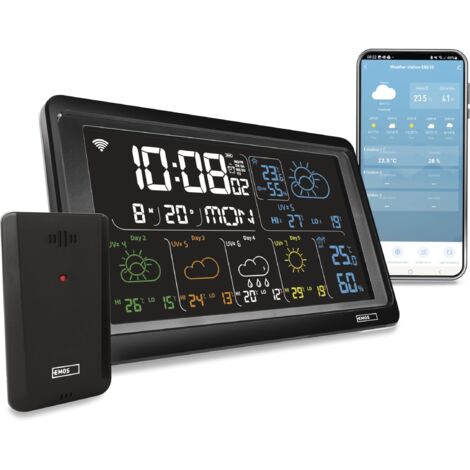EMOS GoSmart - Stazione meteo WiFi con sensore esterno radio e app, display a colori, previsioni meteo a 5 giorni, termometro, igrometro, orologio - Tuya, Smartlife - compatibile con alimentatore