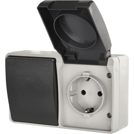 EMOS Interruttore e presa con contatto di protezione, combinazione presa Schuko e interruttore singolo per montaggio a parete, IP44 per ambienti umidi ed esterni, colore: nero/grigio